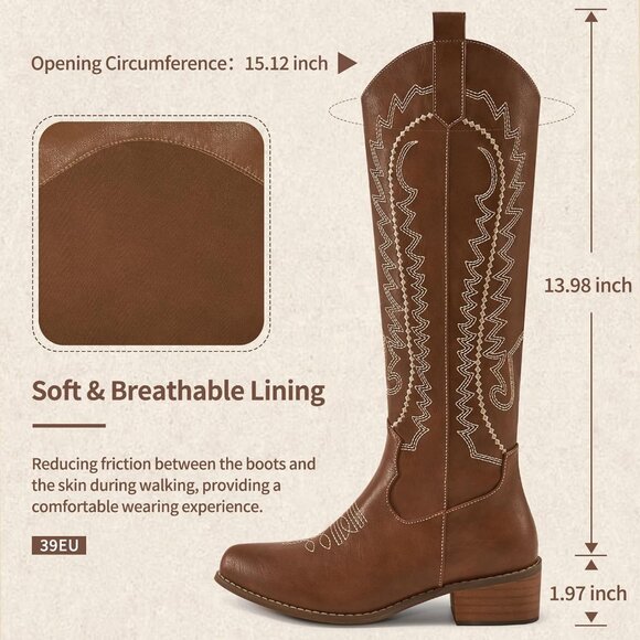 Women's Brown Embroidered Knee High Chunky Heel Pointed Zipper Tall Boots - Picture 3 of 7